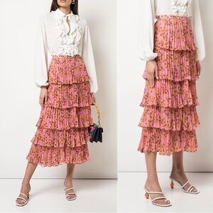 NWT ALEXIS Fleura Printed Pleated Georgette Midi Skirt In Pink Floral Size XL
